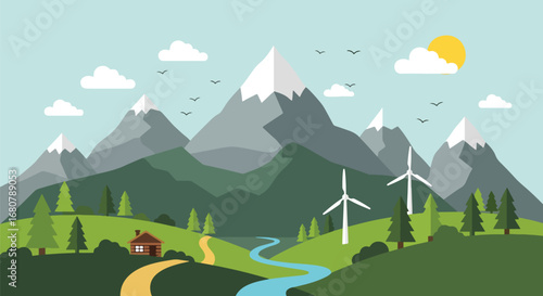 Flat illustration of a mountain landscape with a cabin, river, pine trees, and wind turbines under the sun, perfect for eco-tourism, renewable energy, travel, and sustainable lifestyle designs