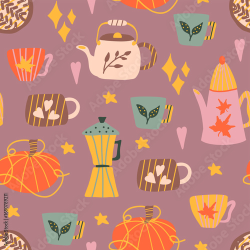 Seamless pattern with cozy hand-drawn teapots, mugs, pumpkins and stars in warm tones on muted mauve background for kitchen textiles, wrapping, packaging and seasonal lifestyle decor