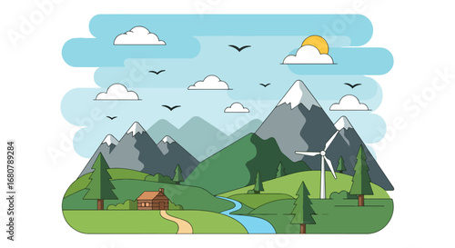 Flat illustration of a mountain landscape with a cabin, river, pine trees, and wind turbines under the sun, perfect for eco-tourism, renewable energy, travel, and sustainable lifestyle designs