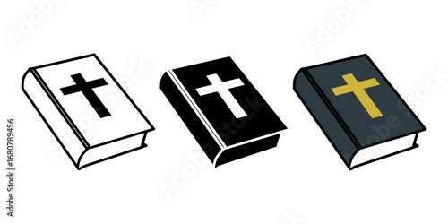 Flat vector illustration of Holy Bible with Christian cross symbol. Set of variations in black, white, and gold for religious, educational, and spiritual design projects. Isolated on white background.
