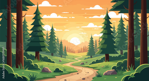 Flat illustration of a winding forest trail through pine trees at sunset with mountains in the background, perfect for travel, outdoor adventure, camping, hiking, and nature-themed designs
