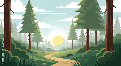 Flat illustration of a winding forest trail through pine trees at sunset with mountains in the background, perfect for travel, outdoor adventure, camping, hiking, and nature-themed designs