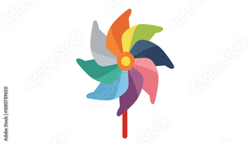 A vibrant colorful pinwheel with multiple blades in a rainbow of hues spinning against a clean white background symbolizing joy and childhood