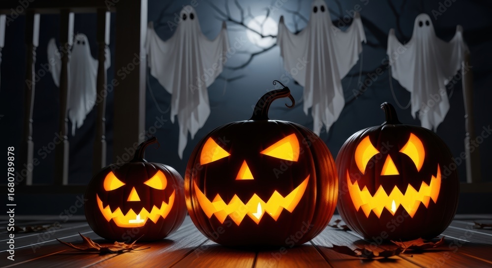 Obraz premium Eerie halloween scene with glowing jack-o'-lanterns and ghosts under moonlight
