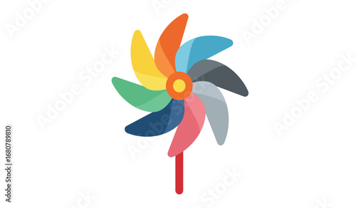 A vibrant and colorful pinwheel with multiple blades in various bright colors spinning against a clean white background