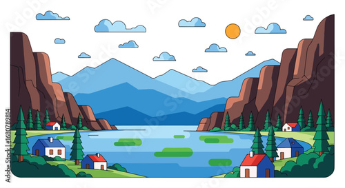 Flat illustration of lakeside houses surrounded by pine trees, rocky cliffs, and mountains at sunset, ideal for travel, eco-tourism, outdoor adventure, and scenic landscape design projects