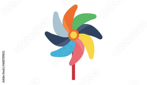 A vibrant colorful pinwheel with multiple spinning blades in a rainbow of bright colors on a white background