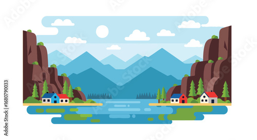 Flat illustration of lakeside houses surrounded by pine trees, rocky cliffs, and mountains at sunset, ideal for travel, eco-tourism, outdoor adventure, and scenic landscape design projects