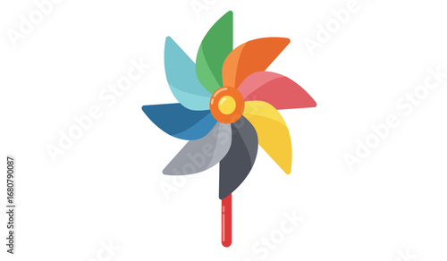 Vibrant rainbow colored pinwheel toy with a red stick spinning in the wind on a white background representing childhood fun and outdoor play