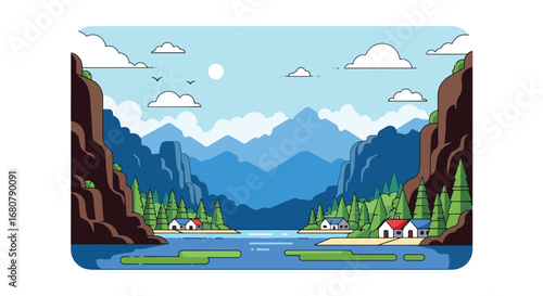 Flat illustration of lakeside houses surrounded by pine trees, rocky cliffs, and mountains at sunset, ideal for travel, eco-tourism, outdoor adventure, and scenic landscape design projects