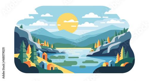 Flat illustration of lakeside houses surrounded by pine trees, rocky cliffs, and mountains at sunset, ideal for travel, eco-tourism, outdoor adventure, and scenic landscape design projects