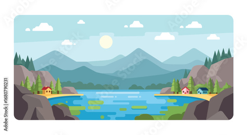 Flat illustration of lakeside houses surrounded by pine trees, rocky cliffs, and mountains at sunset, ideal for travel, eco-tourism, outdoor adventure, and scenic landscape design projects