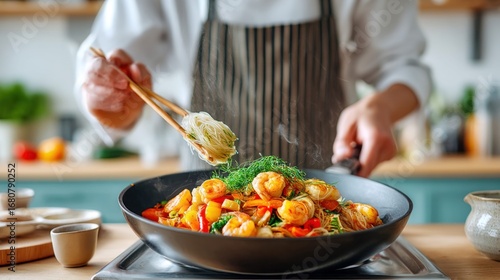 Wallpaper Mural A chef is cooking delicious shrimp and noodle dish, stirring with chopsticks in a frying pan, preparing a flavorful meal. Torontodigital.ca
