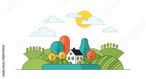 Flat illustration of a countryside house surrounded by colorful trees on rolling green hills under a bright sun, ideal for eco living, rural lifestyle, travel, and seasonal design themes
