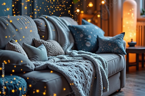 Cozy living room with starry decor and comfy sofa setting