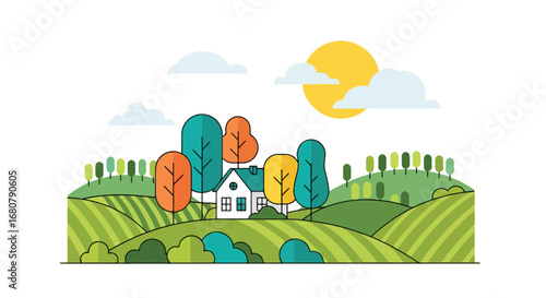 Flat illustration of a countryside house surrounded by colorful trees on rolling green hills under a bright sun, ideal for eco living, rural lifestyle, travel, and seasonal design themes