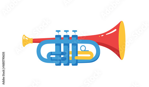 Vibrant red and blue trumpet musical instrument with yellow bell and valves isolated on white background for music and performance concepts