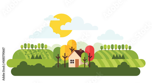 Flat illustration of a countryside house surrounded by colorful trees on rolling green hills under a bright sun, ideal for eco living, rural lifestyle, travel, and seasonal design themes