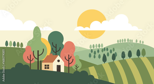 Flat illustration of a countryside house surrounded by colorful trees on rolling green hills under a bright sun, ideal for eco living, rural lifestyle, travel, and seasonal design themes