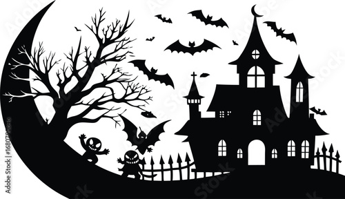 Spooky Halloween Scene Silhouette with Bats Trees and a Haunted House
