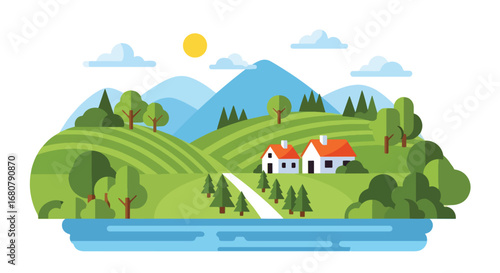 Flat illustration of countryside houses with red roofs surrounded by green hills, trees, mountains, and a river, perfect for travel, eco-tourism, rural living, and nature design themes