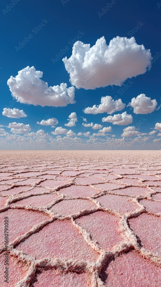 Fototapeta premium Pink salt flats, vast expanse under a clear sky