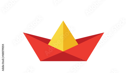 A stylized flat design illustration of a red and yellow origami paper boat with a pointed sail isolated on a white background symbolizing creativity and imagination