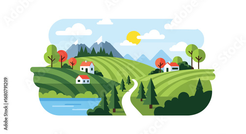 Flat illustration of countryside houses with red roofs surrounded by green hills, trees, mountains, and a river, perfect for travel, eco-tourism, rural living, and nature design themes