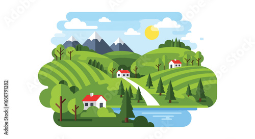 Flat illustration of countryside houses with red roofs surrounded by green hills, trees, mountains, and a river, perfect for travel, eco-tourism, rural living, and nature design themes