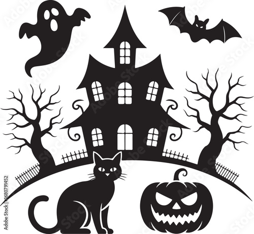 Black and white halloween vector silhouette set with spooky icons and elements
