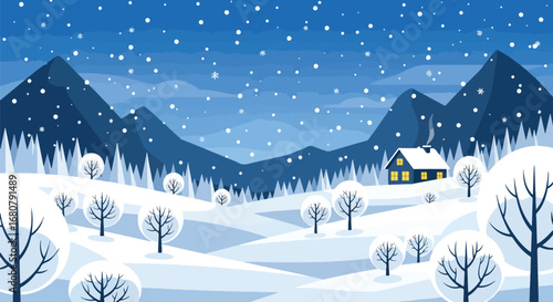 Flat illustration of a cozy wooden cabin in snowy mountains with pine trees and falling snowflakes, perfect for winter holidays, travel promotions, and seasonal marketing designs