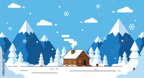 Flat illustration of a cozy wooden cabin in snowy mountains with pine trees and falling snowflakes, perfect for winter holidays, travel promotions, and seasonal marketing designs