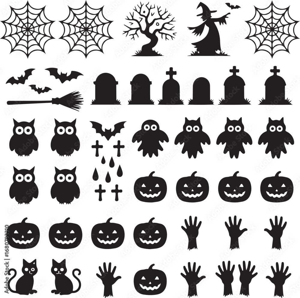 Obraz premium set of silhouettes for halloween design on white background simple detailed traced