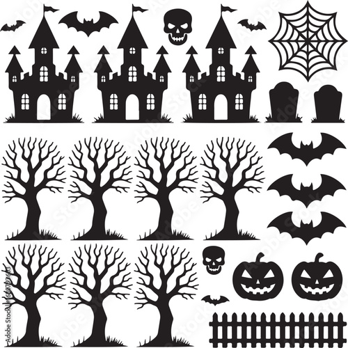 Black and white halloween vector silhouette set with spooky icons and elements