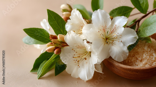 White flower green leaf wooden bowl beige background natural fresh flat lay blossom spring calm