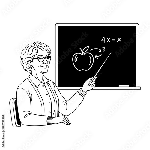 A teacher explains basic math using the equation 4x = x by drawing an apple on the board—a great visual resource for school education, STEM campaigns, and online class tutorials.