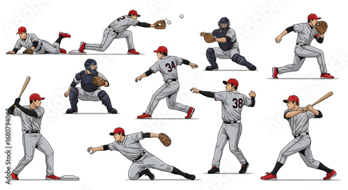 Cartoon Style Detailed Baseball Player In Different Actions Sport Illustration