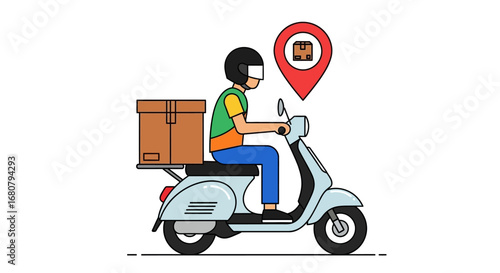 Clean Line Style Delivery Scooter with Box and Location Pin Illustration