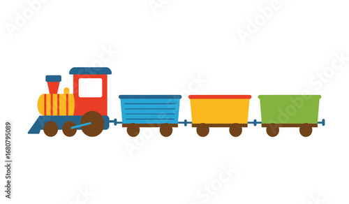 A colorful cartoon illustration of a classic steam locomotive pulling four freight cars in blue yellow orange and green against a white background