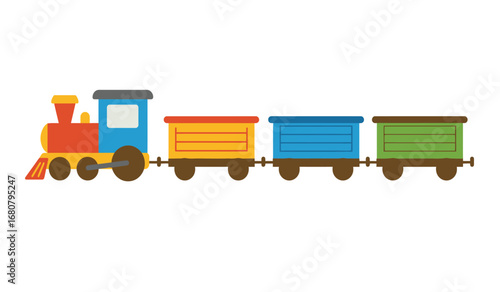 A colorful cartoon children s toy train with a red locomotive and three brightly colored wagons on a white background