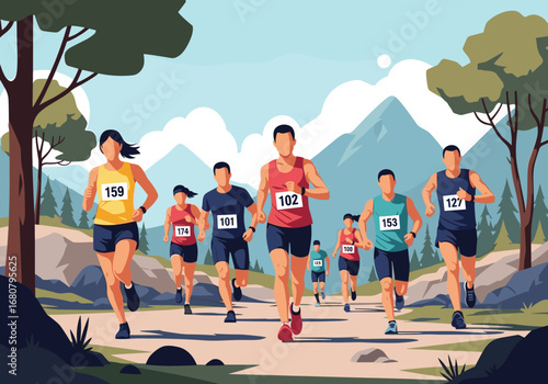 Athletes compete in a challenging mountain trail running race surrounded by beautiful natural scenery
