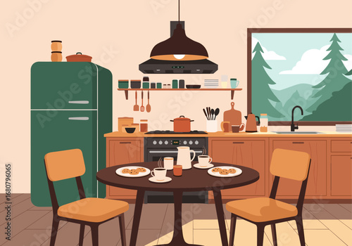 Cozy Kitchen Scene With Dining Table and Window View of Forest Landscape