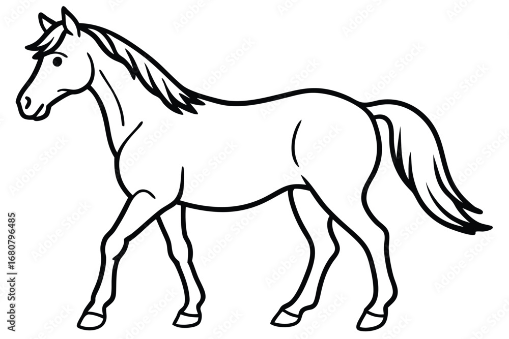 Obraz premium Walking Horse Outline Illustration, Black Thick Line, Detailed Mane and Tail Design