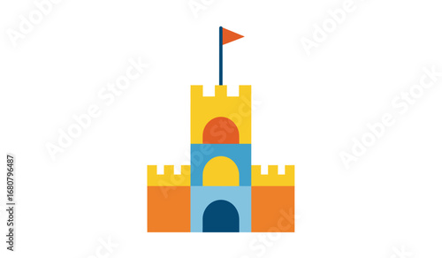 A whimsical and colorful cartoon illustration of a multi tiered sandcastle with battlements and a red flag atop a tall central tower against a clean white background