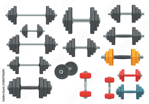 Collection of Dumbbells for Strength Training and Weight Lifting Exercises