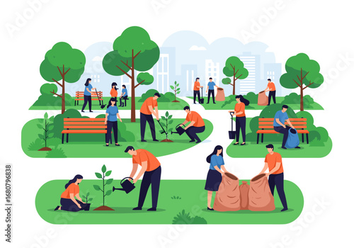 Community volunteers plant trees and clean up a city park for environmental conservation and outdoor recreation