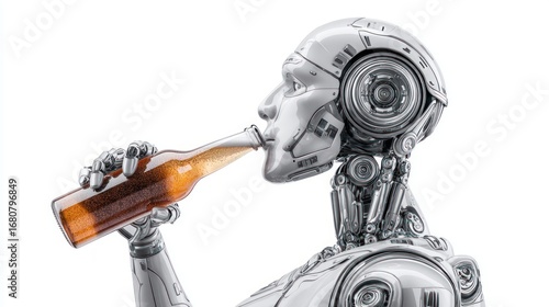 A futuristic robot enjoys a refreshing beer, showcasing the blend of technology and leisure. The image is set against a clean, white background.