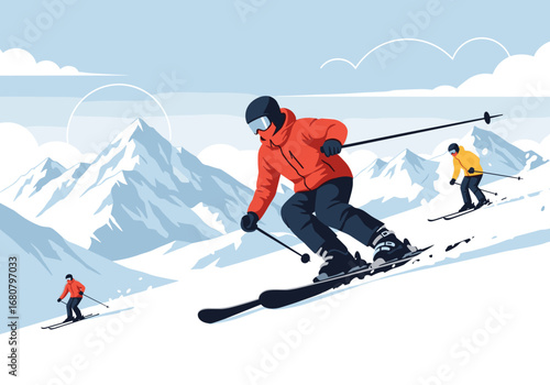 Dynamic Illustration Captures Thrill of Mountain Skiing Down Snowy Slopes with Skiers in Motion