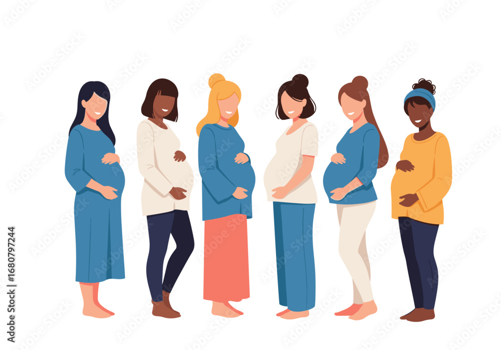 Obraz premium A Diverse Group of Pregnant Women Standing Together Displaying Their Beautifully Rounded Bellies and Smiling Radiantly