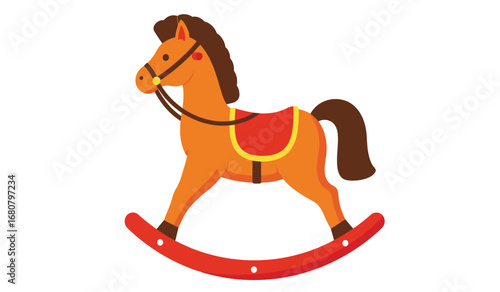 A classic wooden rocking horse toy with a red saddle and bridle depicted in a charming cartoon illustration on a white background